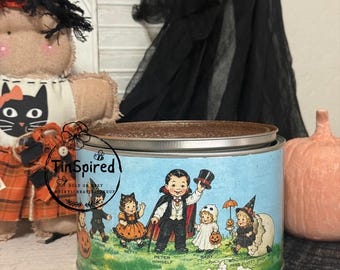 Vintage Halloween Trick-or-Treat Tin – Rustic Halloween Candy Container – Primitive Farmhouse Decor – Handmade Metal Storage Tin