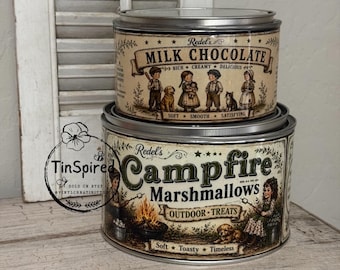 Primitive Campfire Treat Tin Set | Rustic Handmade Kitchen Canister Set | Marshmallow & Milk Chocolate Storage Tins | Farmhouse Cabin Decor