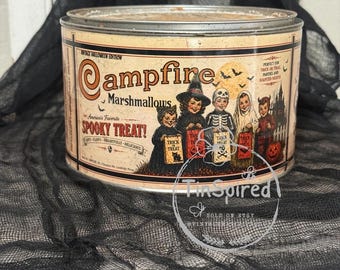 Vintage Halloween Candy Tin | Primitive Trick-or-Treat Decor | Rustic Farmhouse Fall Canister | Handmade Halloween Storage Tin