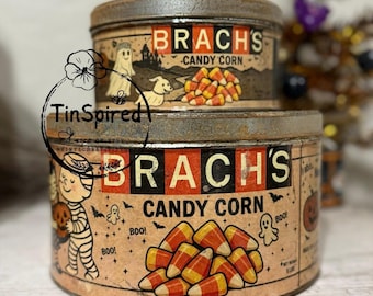 Juego de latas de Halloween extragrandes, hechas a mano, de inspiración vintage, con caramelos de maíz y fantasma, coleccionable rústico decorativo.