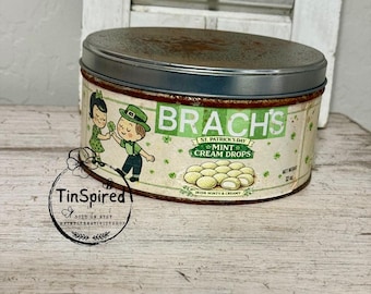 St. Patrick’s Day Mint Cream Drops Tin – Vintage Inspired Candy Canister – Polished or Naturally Rusted – Green Retro Decor