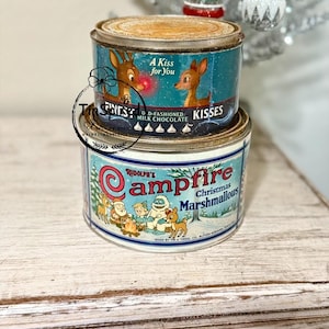 Retro Rudolph Christmas Tin Set – “Finest Kisses” & “Campfire Marshmallows” – TinSpired Holiday Decor