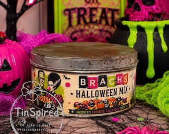 Vintage Halloween Candy Tin | Neon Retro Candy Storage Canister (6.1 x 3")