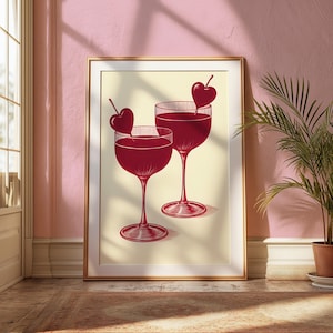 Cherry Cocktail Wall Art Print | Romantic Drink Poster | Vintage Bar Decor | Blush Pink Kitchen Art | Feminine Gallery Wall