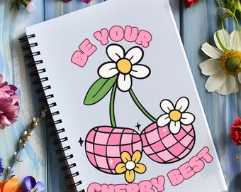 Cuaderno de cerezas disco con temática de cerezas: diario kawaii con margaritas y estilo retro. Cuaderno espiral estético de regalo.