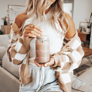 Pink Bow Glass Cup - Iced Coffee Tumbler with Bamboo Lid & Straw - Coquette Aesthetic Cup - Cute Reusable Cold Drink Glass