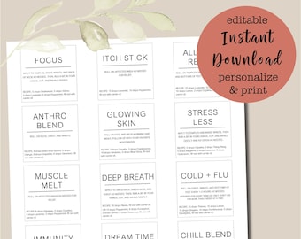 EDITABLE Customizable 10ml Minimalist roller labels, Printable Essential Oil roller bottle labels, Young Living labels, doTERRA labels