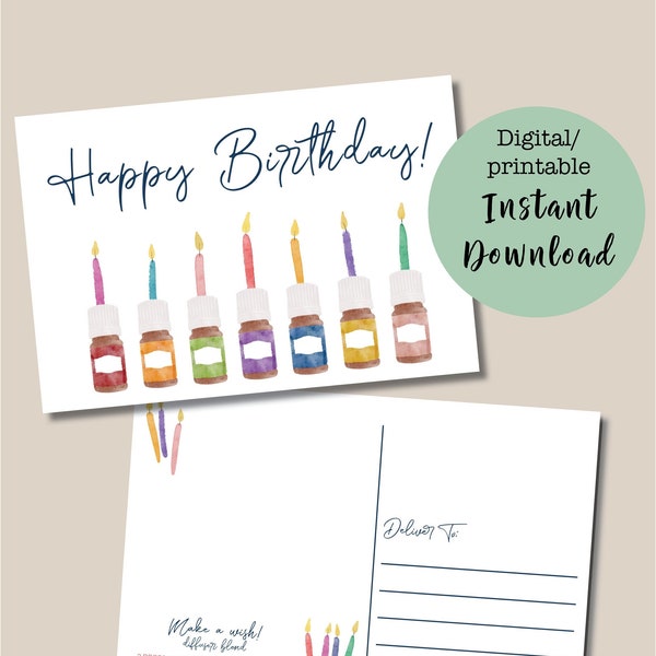 PRINTABLE YOUNG LIVING Watercolor Birthday Postcard, Essential Oil postcard set, printable digital essential oil card, yl marketing