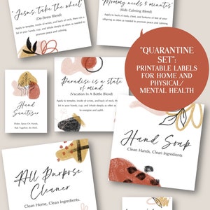 Etiquetas de aceites esenciales "Conjunto de cuarentena" IMPRIMIBLES, etiquetas de botellas de rodillos, jabón de manos, limpiador, desinfectante, etiquetas de bombas difusoras, abstracto moderno