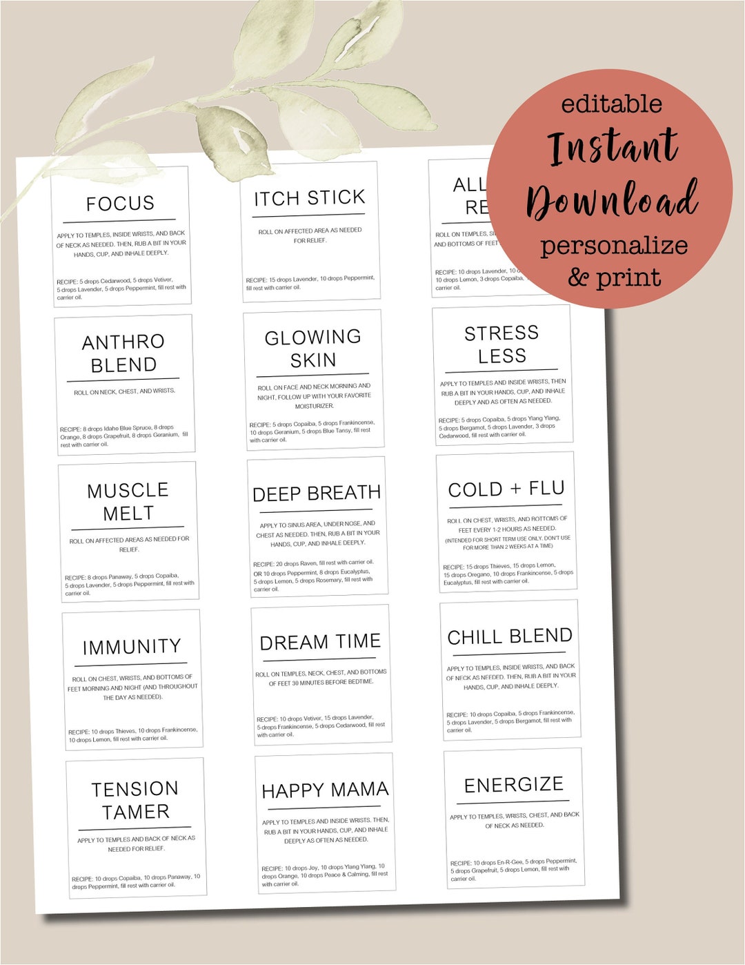 EDITABLE Customizable 10ml Minimalist Roller Labels, Printable Essential Oil Roller Bottle ...