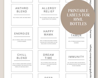 PRINTABLE Essential Oil 10ml Roller Bottle Labels, Minimalist Essential Oil label,DIY Essential Oil Gift, printable essential oil label