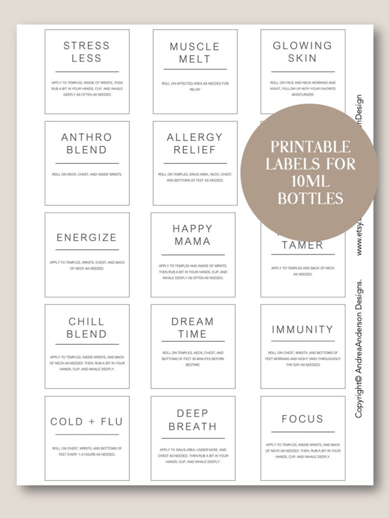 printable essential oil 10ml roller bottle labels