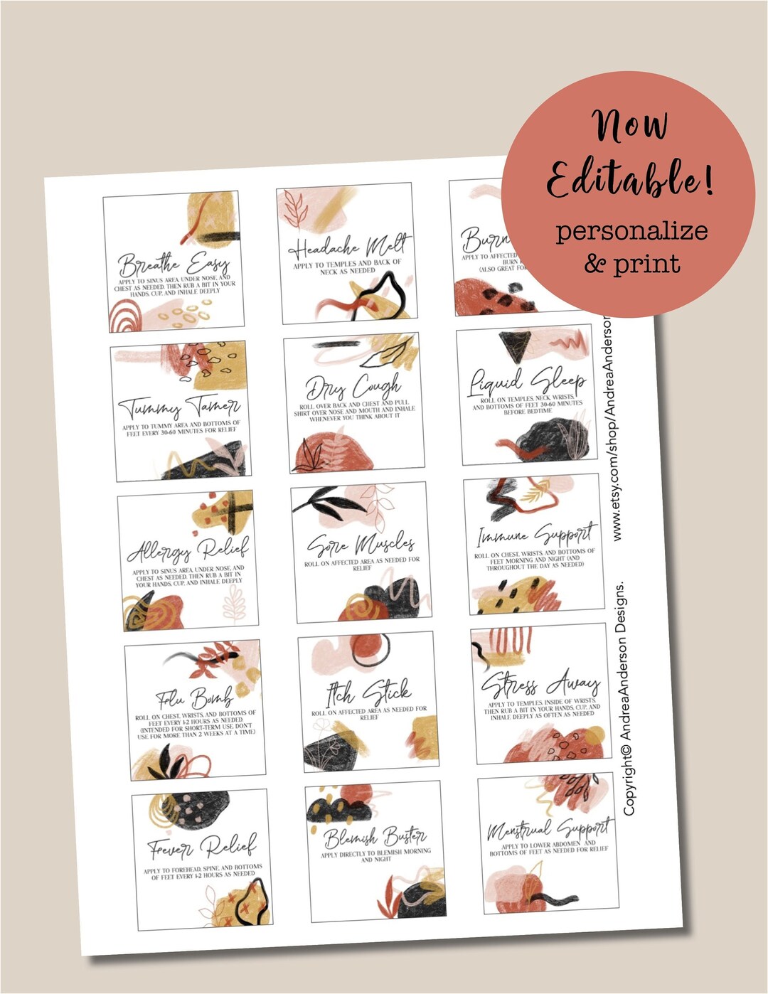 PRINTABLE Editable Essential Oil 10ml Roller Bottle Labels, Modern ...