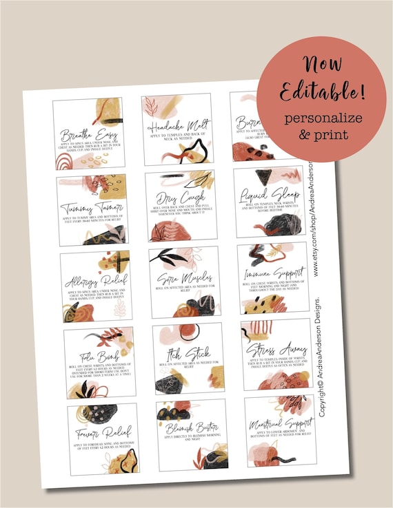 PRINTABLE Editable Essential Oil 10ml Roller Bottle Labels | Etsy