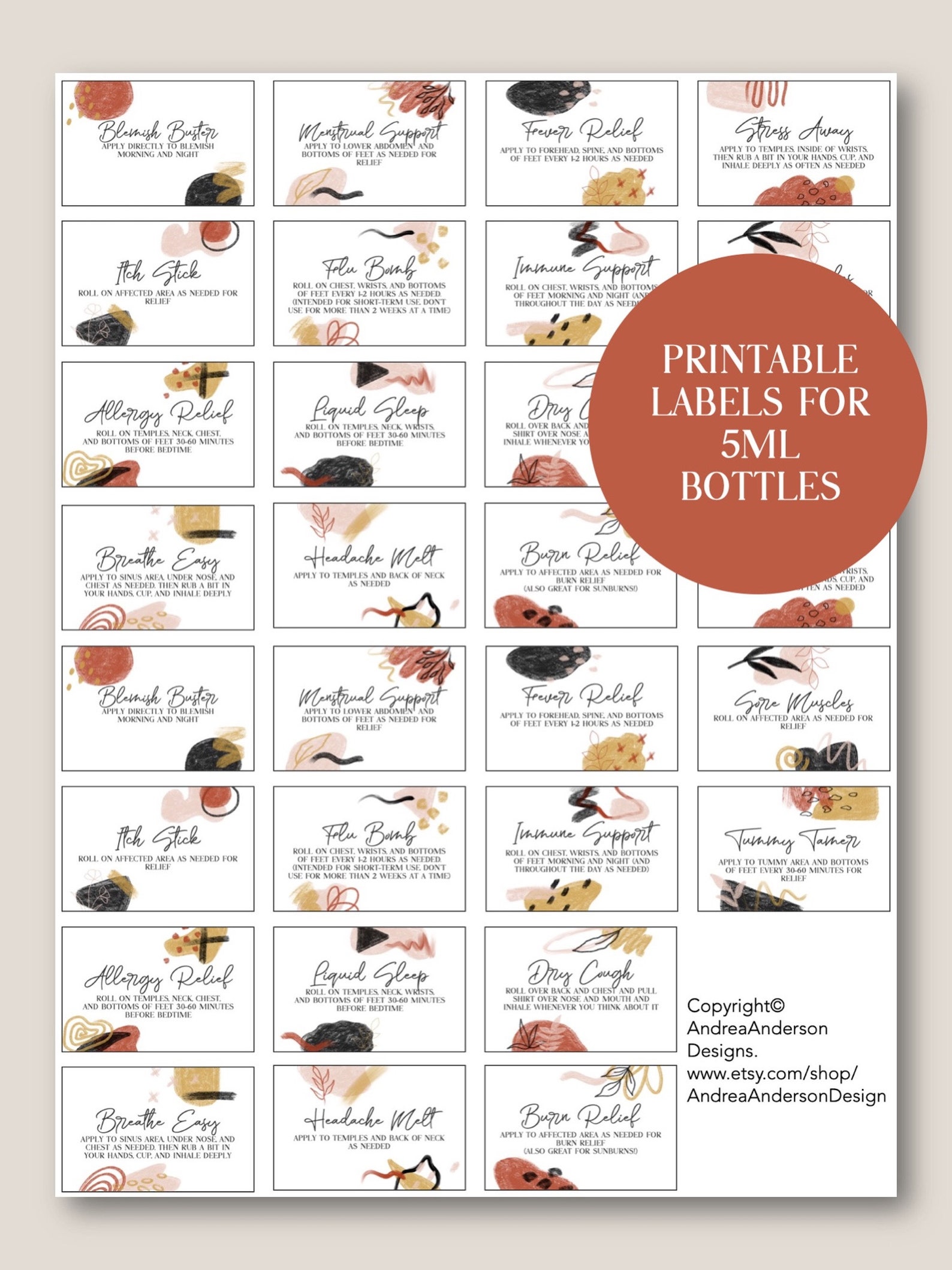 PRINTABLE Essential Oil 5ml Roller Bottle Labels, Modern Abstract ...