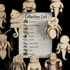 May include: Wooden animal cutouts of various reptiles and insects, including a chameleon, scorpion, and axolotl. A collection list is displayed with the names of the animals. The text "TIMBERLAND CNC" is at the bottom.