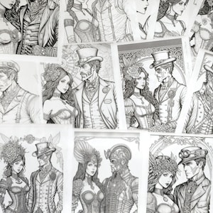 Dibujos para colorear de parejas steampunk (imprimibles, PDF) para adultos