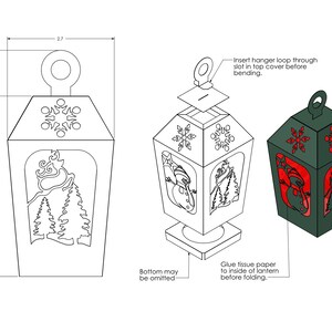 May include: A printable template for a Christmas lantern gift box. The lantern is 5.8 inches tall and 2.7 inches wide. The lantern features a snowman and pine trees. The template includes instructions for assembling the lantern and adding tissue paper.