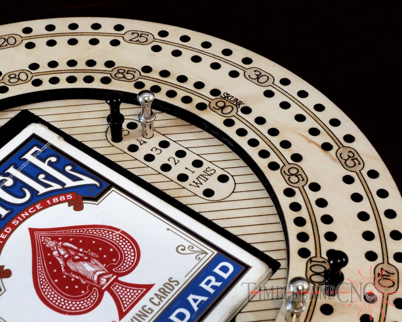 Puede incluir: Un tablero de cribbage de madera con puntos negros y blancos, una clavija negra y plateada y una baraja de cartas. El tablero tiene una pista circular con n&uacute;meros del 20 al 100, y una pista m&aacute;s peque&ntilde;a con n&uacute;meros del 1 al 4. El tablero tambi&eacute;n tiene una etiqueta "SKUNK" y "WINS".
