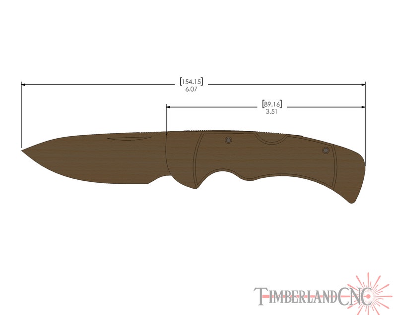 May include: A brown folding knife with a wooden handle, measuring 6.07 inches long overall. The blade is 3.51 inches long. The knife design is shown with measurements. The logo "Timberland CNC" is at the bottom.