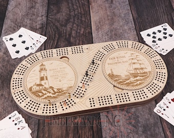 Nautical Cribbage Board SVG | Lighthouse & Sailing Ship Laser Cut File | Personalized Navy Retirement Gift | Glowforge, LightBurn