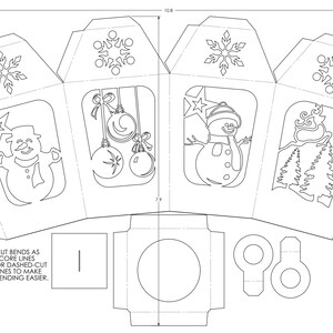 May include: A printable template for a Christmas lantern. The lantern is made of paper and has a design of snowmen, snowflakes, and Christmas trees. The template includes instructions for cutting and folding the paper to create the lantern.