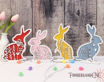 Cute Floral Bunnies, Easter Bunny, SVG, Laser cutting file