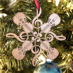 Enfeite de violino com clave de sol, violino, enfeite de floco de neve musical, SVG, arquivo de corte a laser.