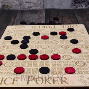 May include: A wooden Dice Poker game board with red and black game pieces. The board has engraved dice and poker-related symbols. The words "DICE POKER" are engraved on the board. The game pieces are scattered across the board.