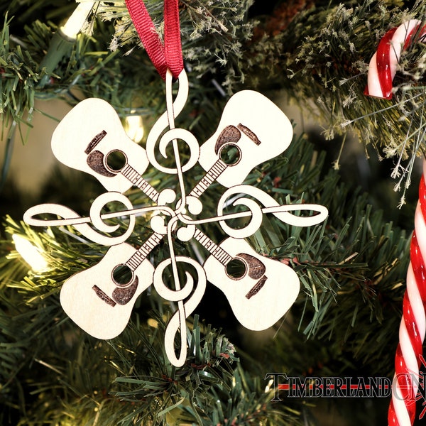 Treble Clef Guitar Ornament, Musical Snowflake Ornament, SVG, Laser Cutting File.