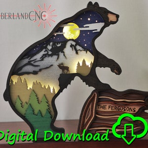 Illuminated Layered Bear with Mountain, SVG, Laser Cutting File.