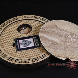 Tablero de cribbage de 3 pistas, con almacenamiento, redondo, tapa grande, SVG, archivo de corte por láser