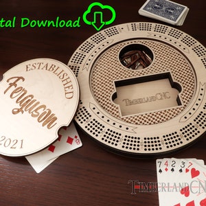 Planche de cribbage, avec rangement, ronde, SVG, fichier de découpe laser