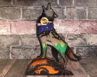 Illuminated Layered Wolf with Mountain, SVG, Laser Cutting File.