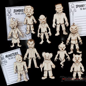 May include: A collection of light-coloured wooden cutouts featuring various monster characters including a vampire, werewolf, clown, and Frankenstein's monster, alongside three white paper checklists labelled Zombies, Monsters, and Spooky Stuff to Buy.