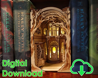 May include: A wooden bookend shaped like a house with a tree growing out of the side. The bookend is designed to hold Harry Potter books, with the titles "Harry Potter and the Goblet of Fire", "Harry Potter and the Prisoner of Azkaban", and "Harry Potter and the Order of the Phoenix" visible. The bookend is a digital download.