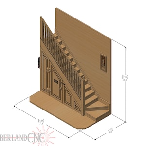 Op de afbeelding: Een houten trap met een leuning en een deur aan de onderkant. De trap is 2,6 meter hoog, 2,2 meter breed en 1,2 meter diep.