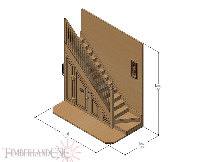 Op de afbeelding: Een houten trap met een leuning en een deur aan de onderkant. De trap is 2,6 meter hoog, 2,2 meter breed en 1,2 meter diep.