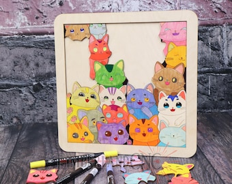 Cat Coloring Puzzle, Kawaii cats, wooden puzzle, SVG, Laser Cutting File