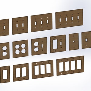 May include: A set of 13 brown wooden wall plates for electrical outlets and light switches. The plates are in various sizes and configurations, including single, double, triple, and quad.