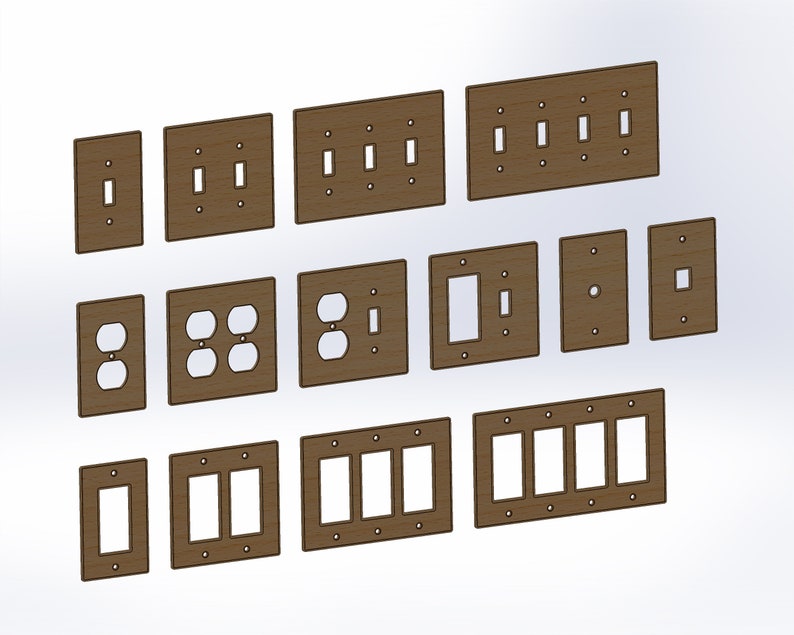 May include: A set of 13 brown wooden wall plates for electrical outlets and light switches. The plates are in various sizes and configurations, including single, double, triple, and quad.
