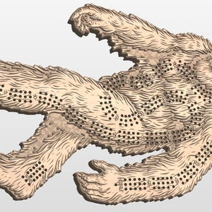 May include: A wooden game board shaped like a Bigfoot, with a brown stain and black dots for the game pieces.