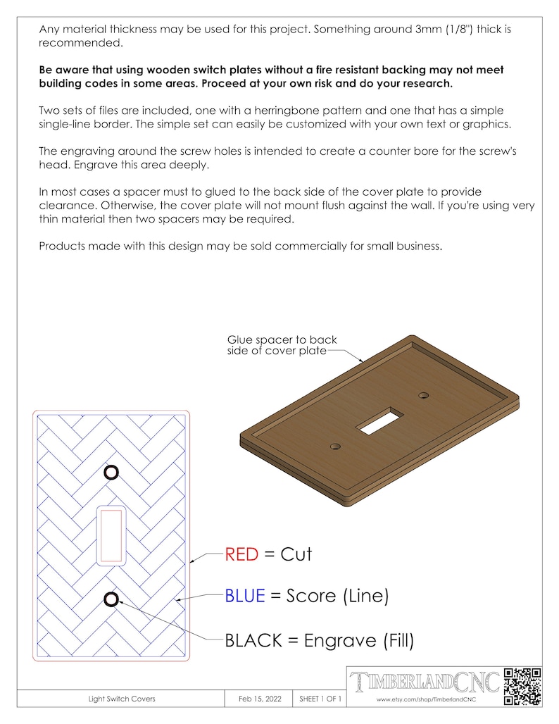 May include: A digital design for a light switch cover with a herringbone pattern. The design includes instructions for cutting, scoring, and engraving the wood. The text "RED = Cut", "BLUE = Score (Line)", and "BLACK = Engrave (Fill)" is included in the image.
