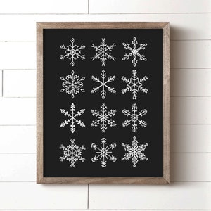 Snowflake Print, Snow Art, Black and White Art Print, Snowflakes Art, Holiday Artwork, Christmas Wall Decor, Winter Home Decor