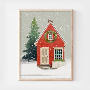 Red Christmas House Art Print, Christmas Art Print, Holiday Artwork, Christmas Wall Decor, Farmhouse Christmas Home Decor