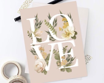 Love Card, Floral LOVE card, Sending Love Notecard, Pink Floral Love Greeting Card, Wedding Card, Valentine's Card, Anniversary Card