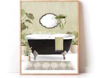 Boho Bathroom Art Print, Bathtub Wall Art, Green Art Print, Bubble Bath Wall Art, Statement Bathroom Decor, Retro Home Decor