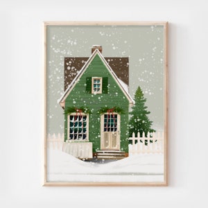 Green Christmas House Art Print, Christmas Art Print, Holiday Artwork, Christmas Wall Decor, Farmhouse Christmas Home Decor