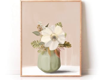 Blush Pink Anemone Art, Vintage Wall Art, Muted Neutral Decor, Farmhouse Wall Art, Physical Print, Flowers in Vase, Cottage Core Style