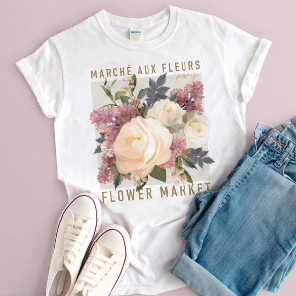 Marché Aux Fleurs Flower Market T shirt, Flower Tee, Botanical Shirt, White Shirt, Graphic T-shirt, Unisex White Tee